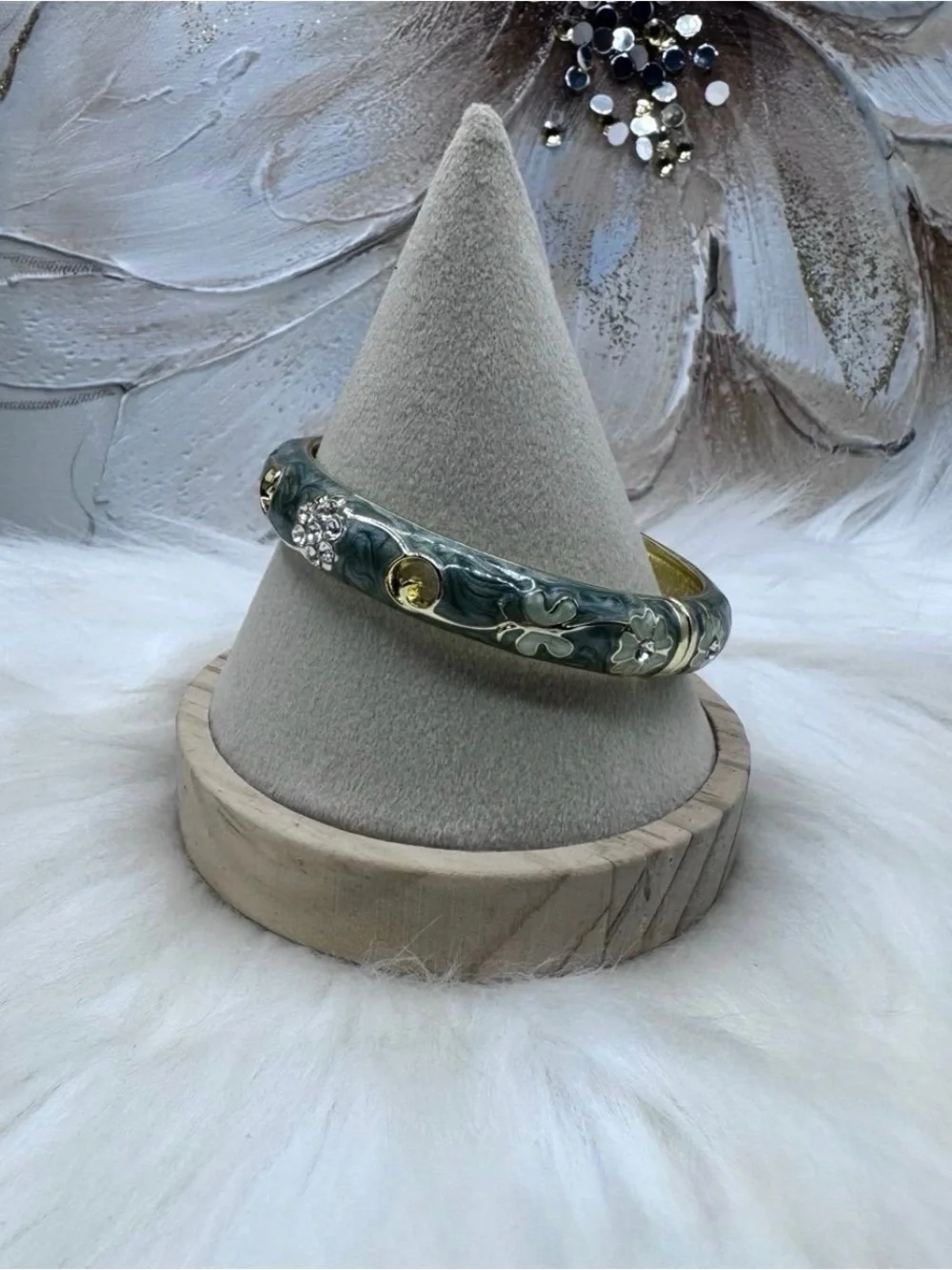 Gold-Tone Green Enamel Floral Crystal Bangle Bracelet